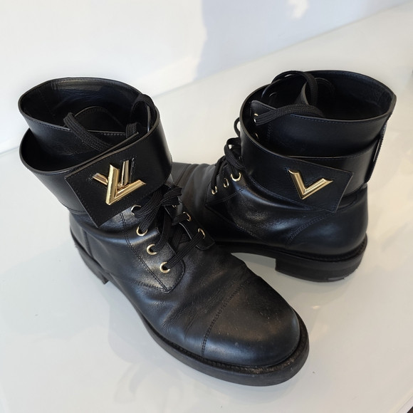 Louis Vuitton Black Leather Boots with Gold Details | Poshmark