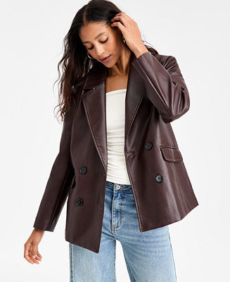 Women's Faux-Leather Double-Breasted Blazer, Macy's Exclusive | Macy's