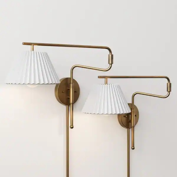 Kai Wall Mounted Plugin Bedside Reading Lamp with Empire Shade - Vintaged Brass/Linen Set of 2 | Bed Bath & Beyond