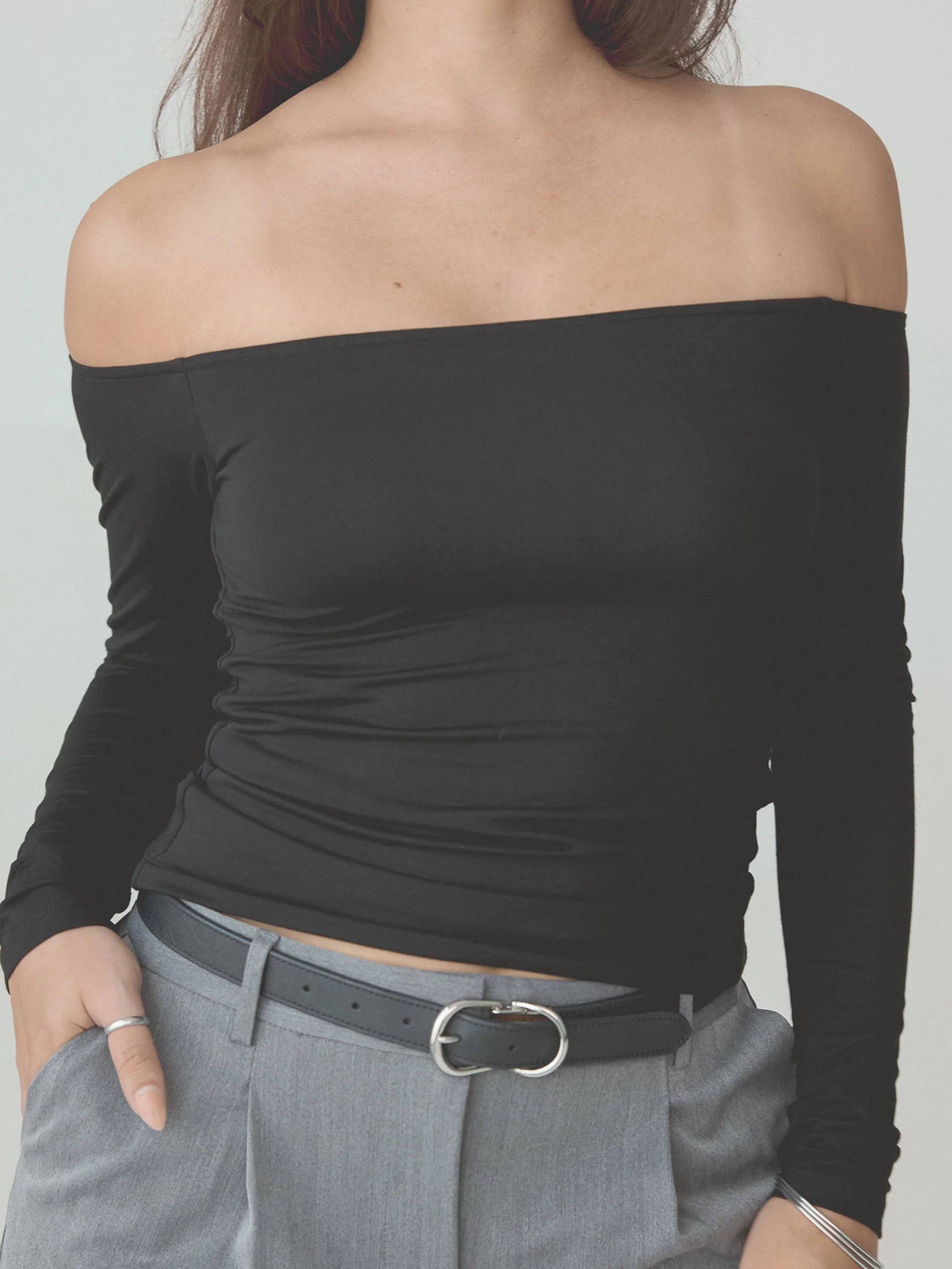 Solid Off The Shoulder Braless Long Sleeve | Klassy