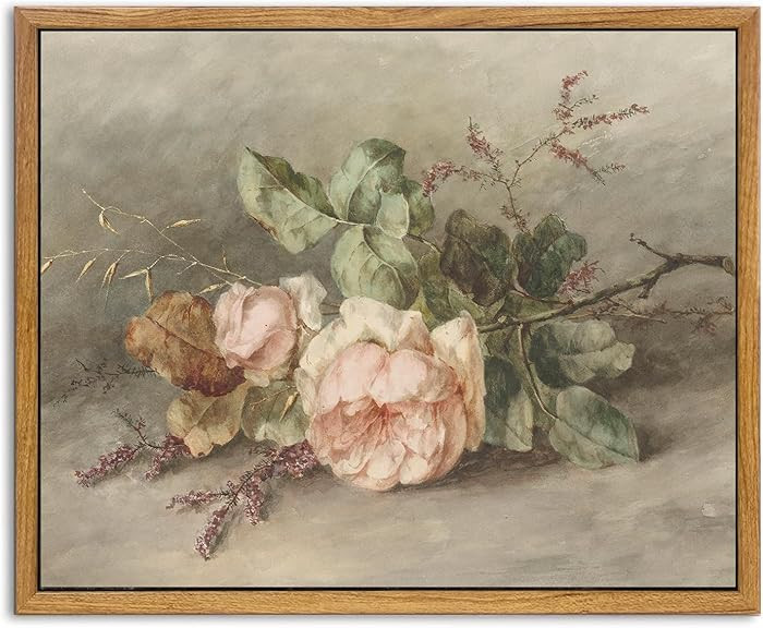 KBKBART Vintage Wall Decor Prints, Retro Still Life Flower Canvas Wall Art, Framed Classical Pink... | Amazon (US)