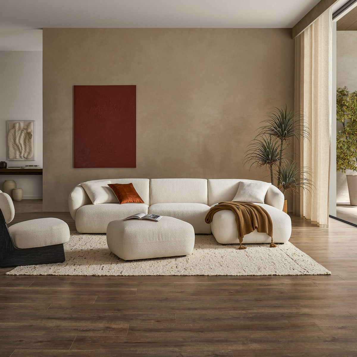 White Performance Boucle Right Chaise Sectional Sofa with Ottoman | Auburn by Castlery, Modular Lounge, Tightback Armrests | Castlery US