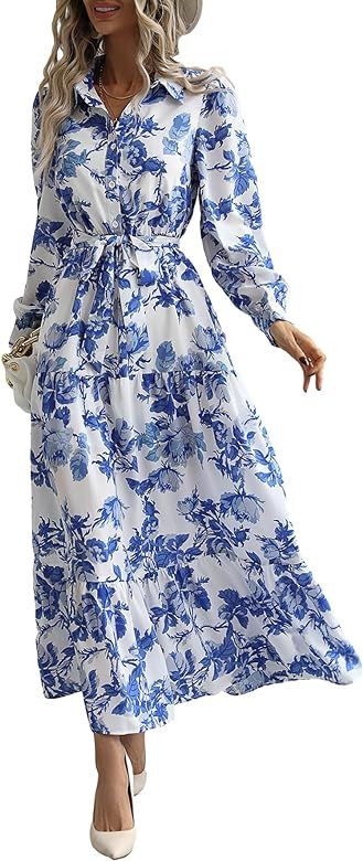 Milumia Summer Flowy Long Maxi Dress Button Up Split Floral Print Boho Dresses for Women 2023 | Amazon (US)