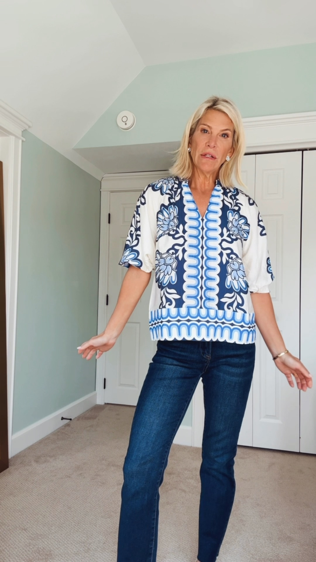 Blue Printed Blouse Outfit | Chic Summer Top with Jeans

#LTKootd #LTKOver40 #LTKSeasonal
