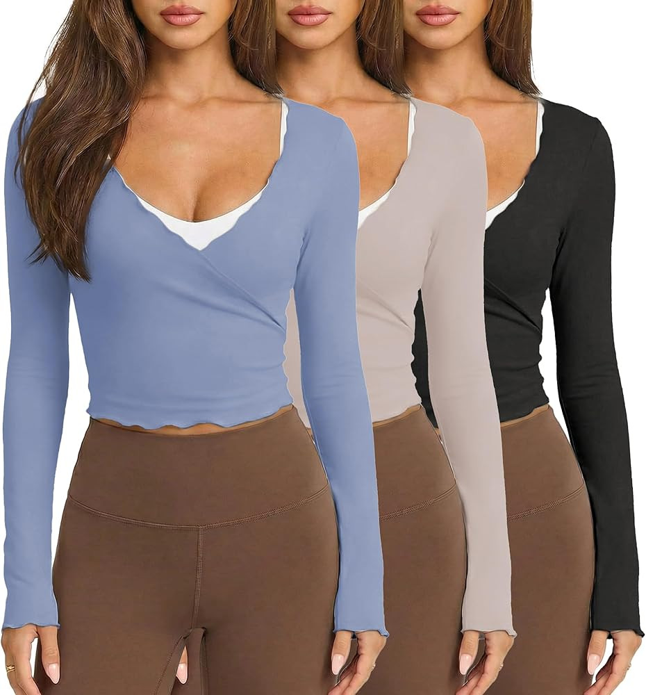 Womens Ballet Wrap Tops Cropped Long Sleeve Self Tie Front Shirt Y2K Workout Yoga Pilates Dance C... | Amazon (US)