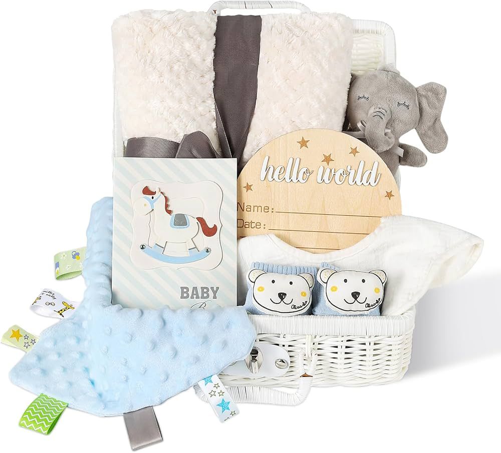 Baby Gift Set, Baby Shower Gifts for Boys, 8PCS Unique Shower Basket Essential Stuff with Blanket... | Amazon (US)