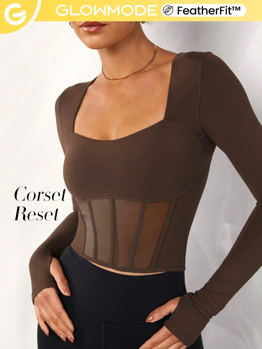 GLOWMODE FeatherFit™ Corset Effect Slim Waist-Length Mesh Panels Long Sleeve Top Daily Casual S... | SHEIN
