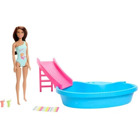 Doll & Pool Playset Brunette in Seafoam Blue One-Piece Swimsuit with Pool Slide Towel & Drink Accessories | Walmart (US)