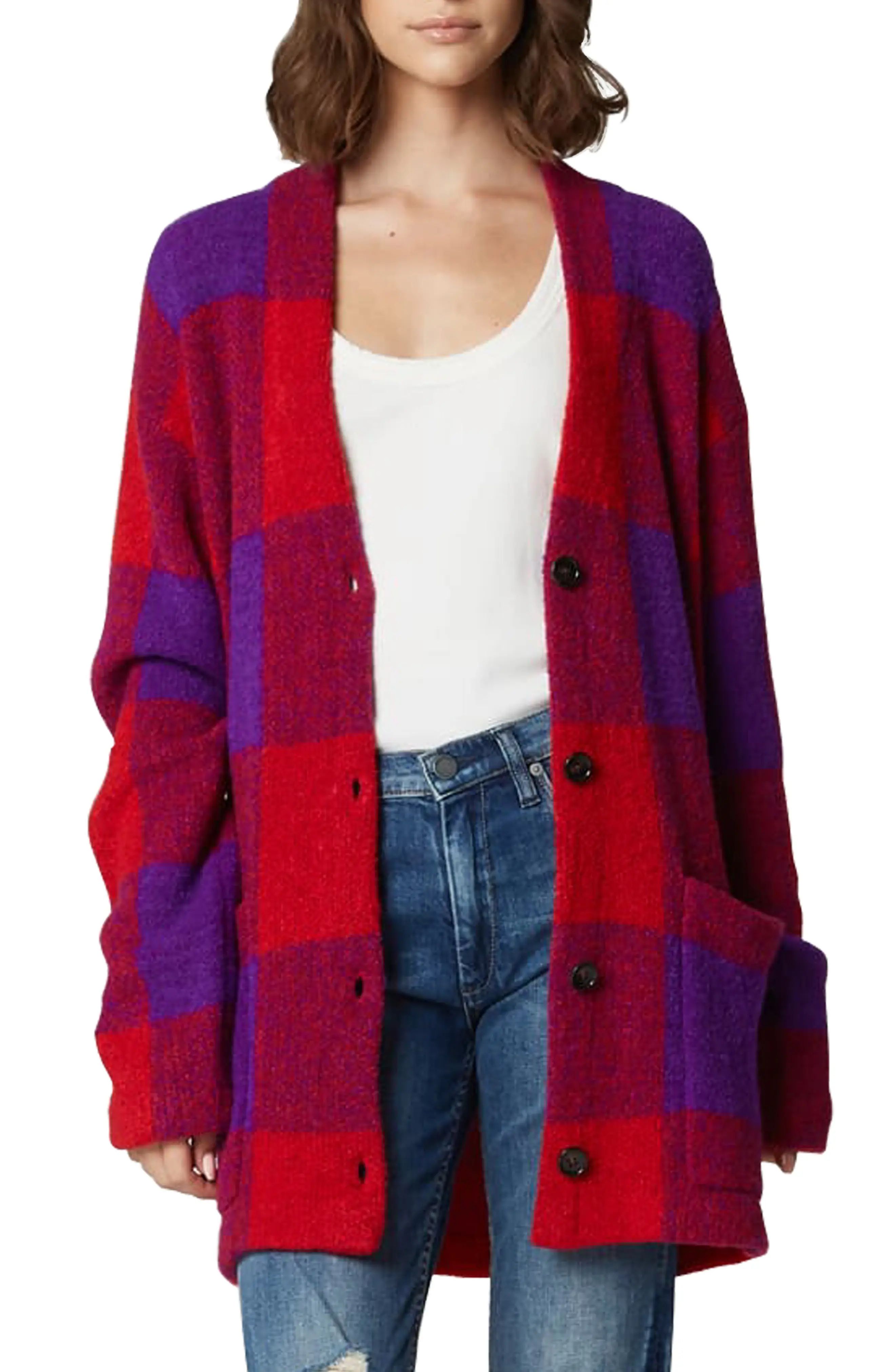 Women's Blanknyc Buffalo Check Cardigan, Size X-Small - Red | Nordstrom