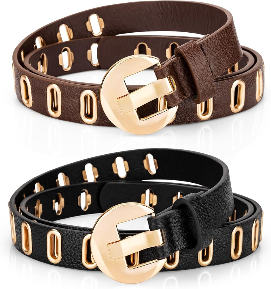 2 Pack Womens Dress Belt, Womens Black Belt, Skinny Belt For Women Dresses Faux Leather Belt For ... | Amazon (US)