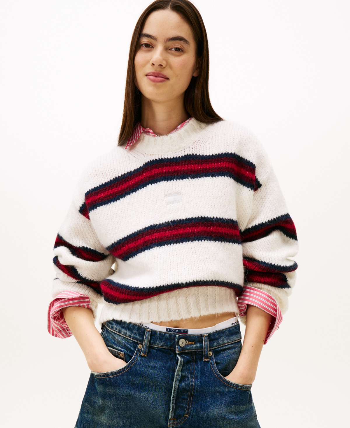 Tommy Jeans Women's Badge Stripe Fluffy Long Sleeve Sweater - Ancient White / Stripe | Macy's