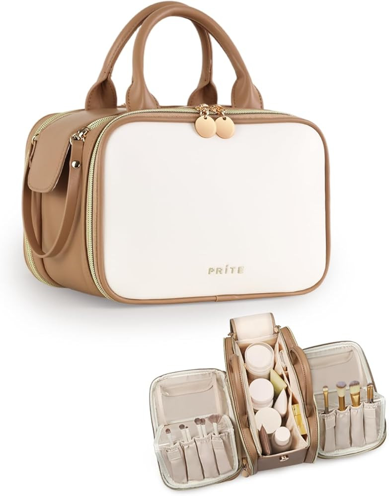 Prite Makeup Bag for Women, Large Capacity Waterproof Travel Cosmetic Organizer, Portable Open Fl... | Amazon (US)