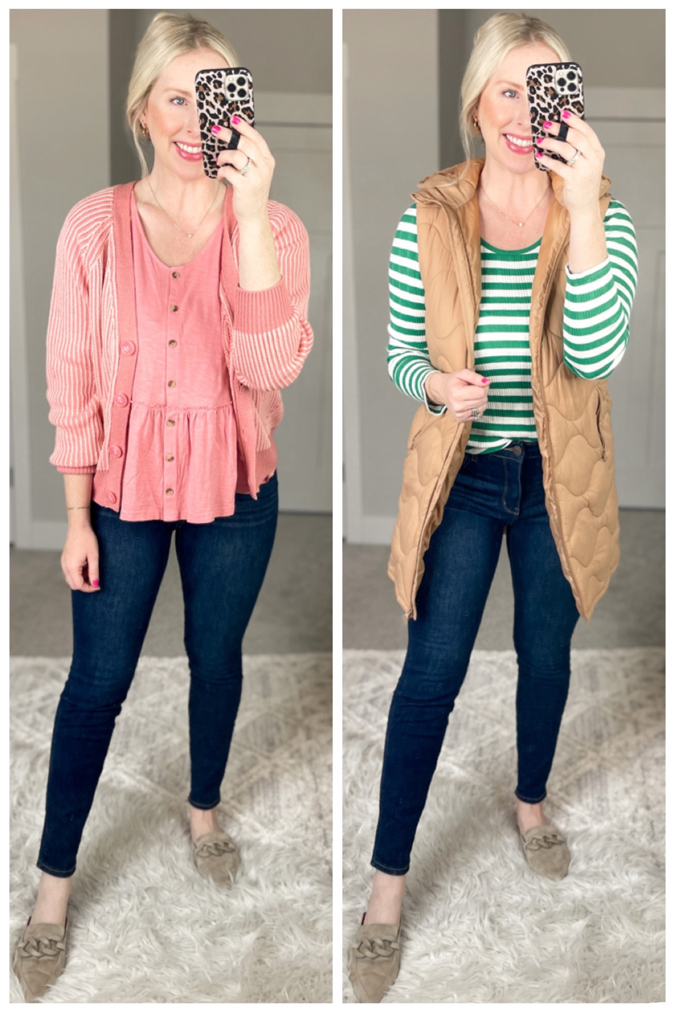 Walmart outfit, Walmart fashion, daily try on, time and tru, pink cardigan, pink peplum, green stripe, dark wash skinny jeans 

#LTKunder50 #LTKstyletip #LTKFind