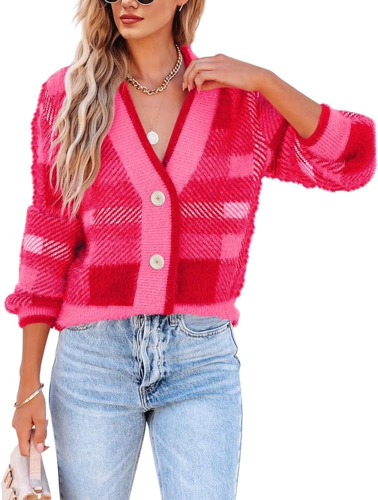 Imily Bela Womens Cardigan Sweaters Plaid Fuzzy Knit V Neck Button Down Long Sleeve Cozy Cardigan... | Amazon (US)