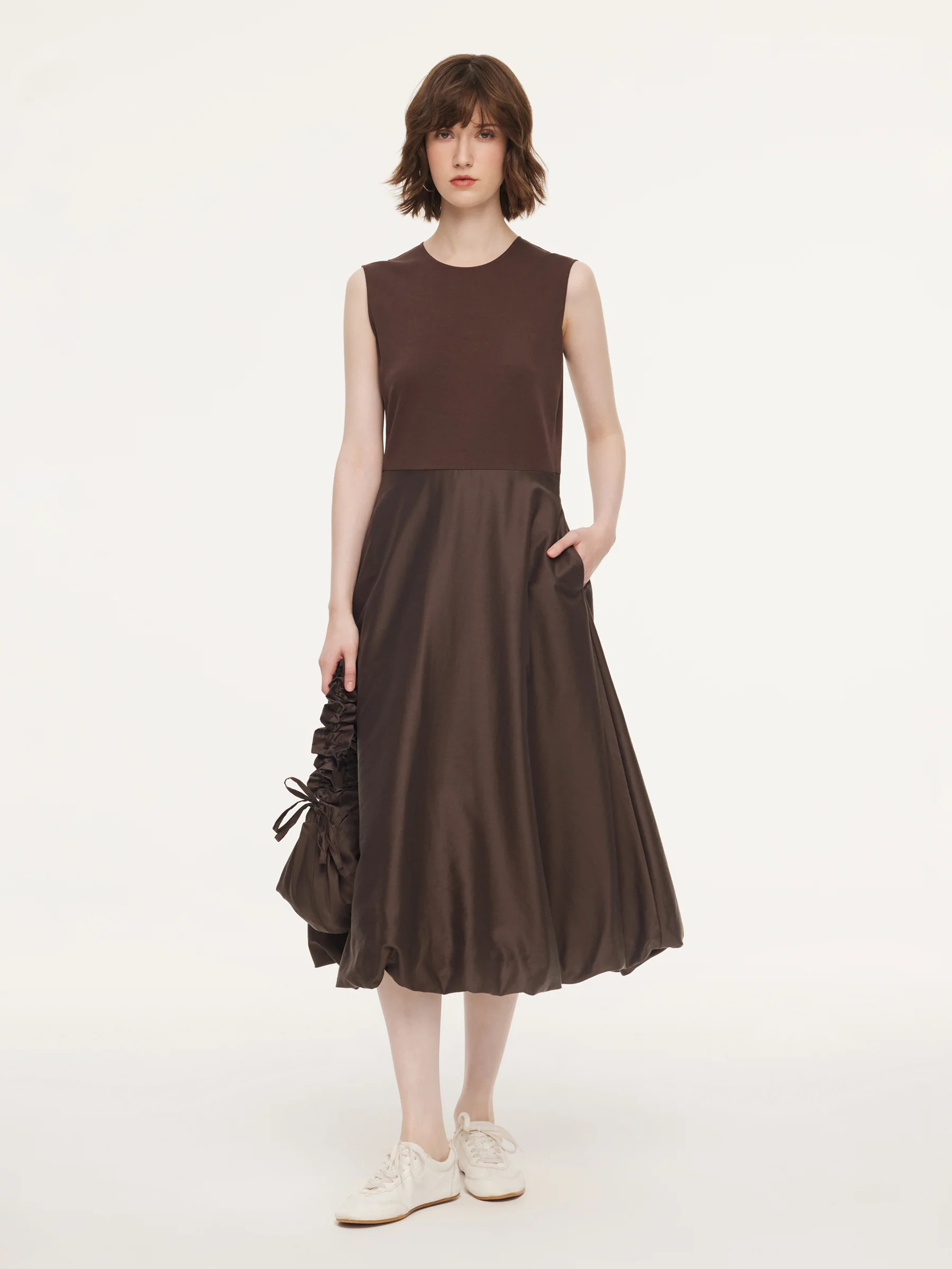 Dark Brown Patchwork Bubble Hem Women Sleeveless Maxi Dress With Bag | GOELIA