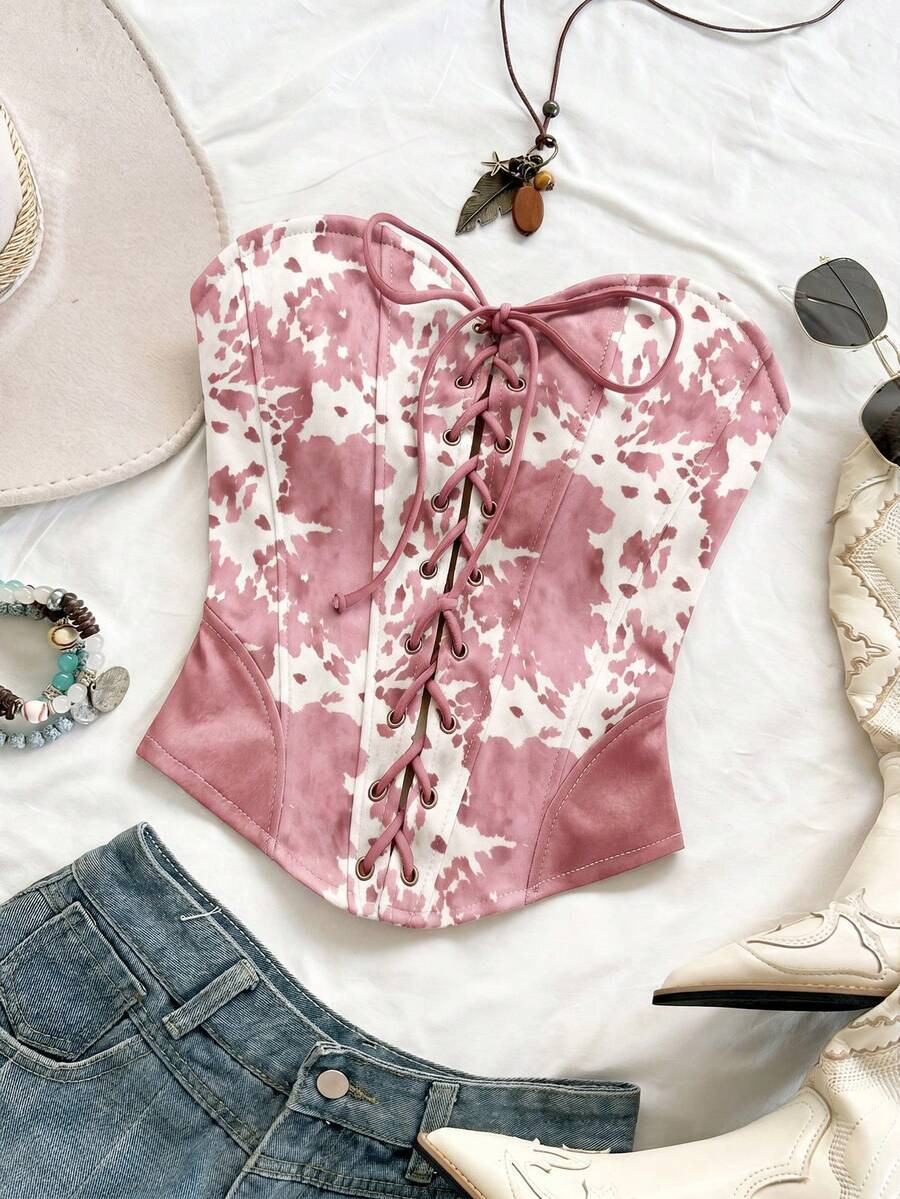 Soleia Sexy Cowgirl Boho Strapless Lace-Up Suede Studded Deconstructed Women's Top, Holiday Date Rave Club Night Out Afternoon Tea, Vacation, White Summer | SHEIN