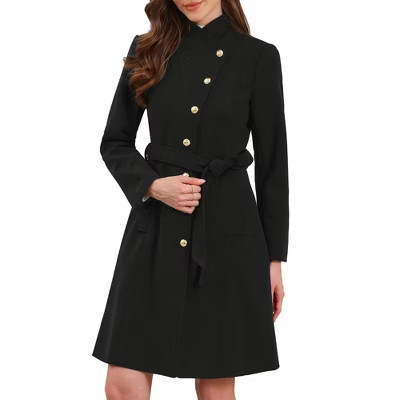 INSPIRE CHIC Women's Winter Stand Collar Single Breasted Button Down Long Trench Coat with Belt Large Black | Target