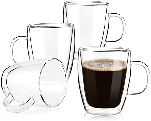 Double Wall Glass Coffee mugs, (Set of 4) 16 Ounces-Clear Glass Coffee Cups with Handle,Insulate... | Amazon (US)