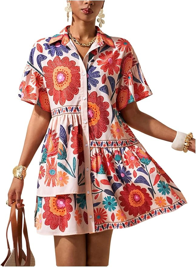 SOLY HUX Women's Floral Button Down Shirt Dress Collared Short Sleeve Ruffle Babydoll Summer Boho... | Amazon (US)