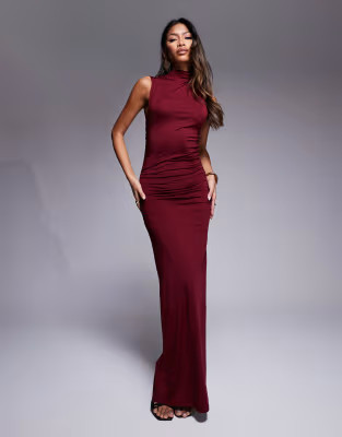 ASOS DESIGN gathered detail high neck maxi dress in burgundy | ASOS (Global)
