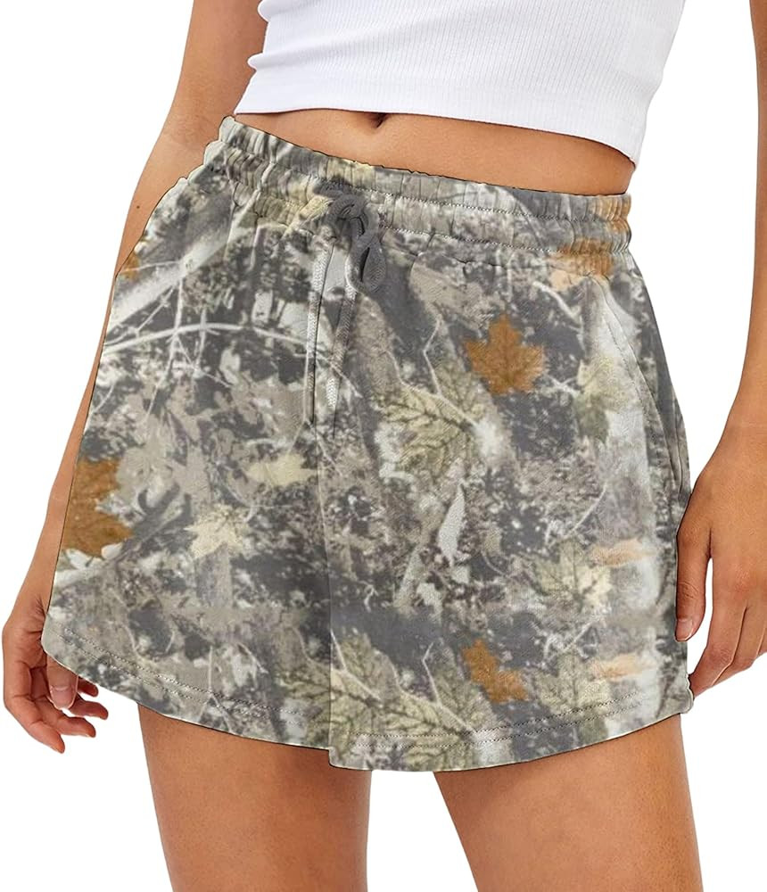 Camo Sweat Shorts for Women Drawstring Elastic Waist Maple Leaf Print Lounge Athletic Shorts with... | Amazon (US)