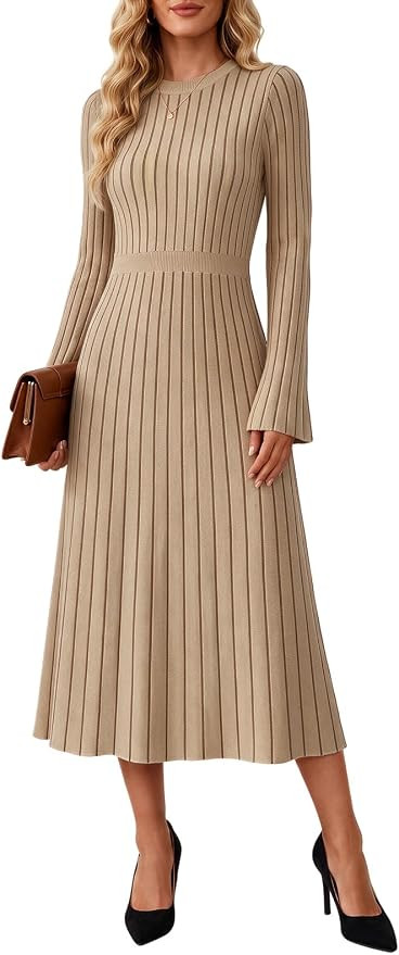 Wenrine Womens Long Sleeve Midi Sweater Dress Crew Neck A-Line Dresses | Amazon (US)