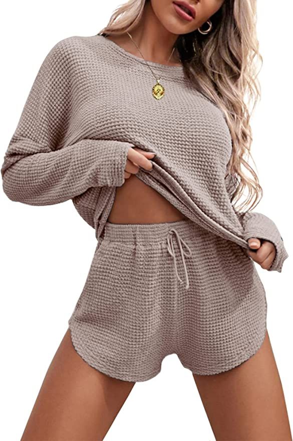 Ekouaer Womens Waffle Knit Pajama Sets Long Sleeve Top and Shorts Matching Lounge Set Loungewear ... | Amazon (US)