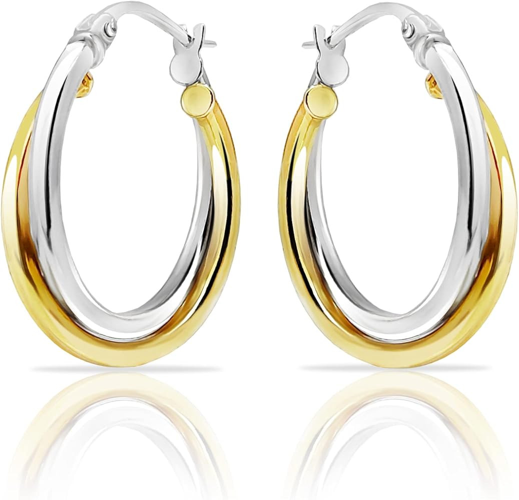 Hoops & Loops 925 Sterling Silver Two-Tone Intertwining Round Double Square-Tube Hoop Earrings fo... | Amazon (US)