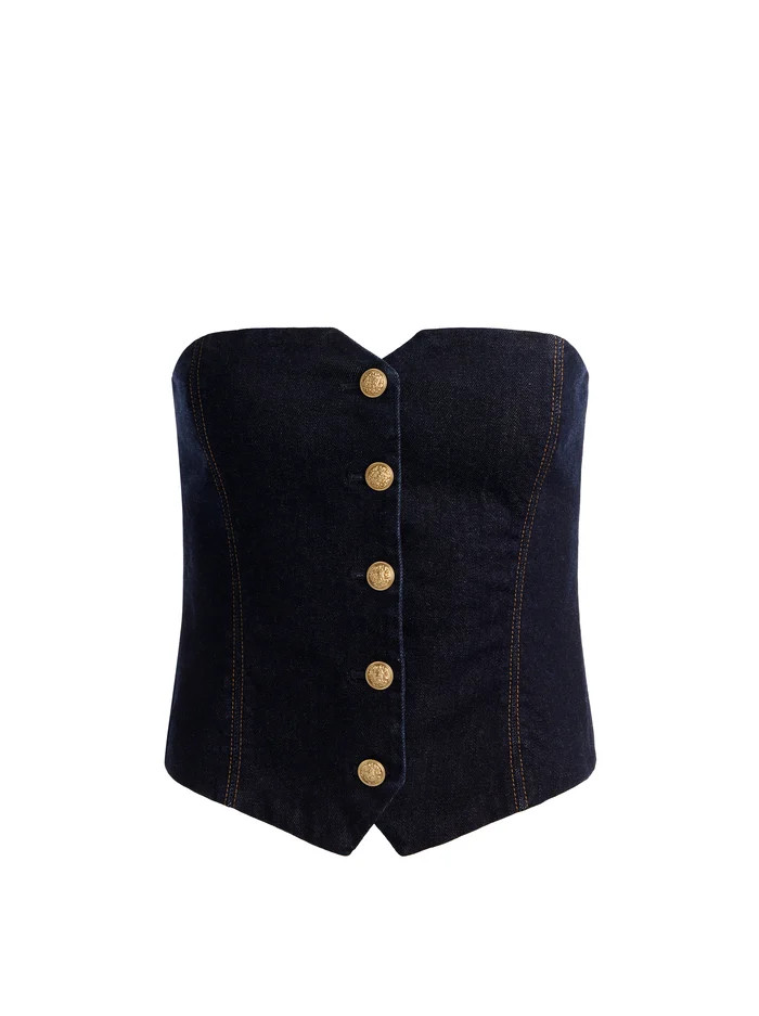 KELCEY STRAPLESS DENIM VEST | Alice + Olivia
