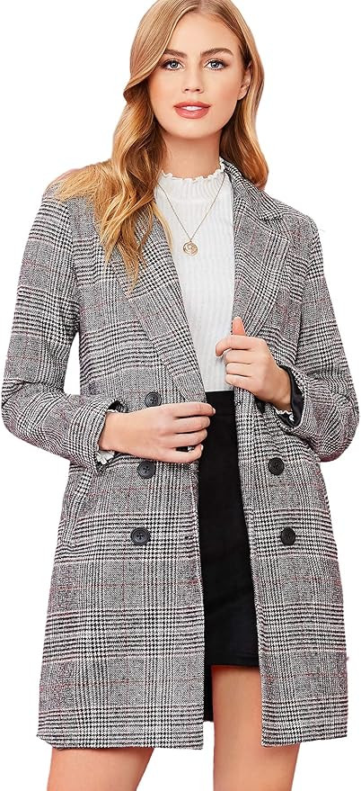 SheIn Women's Lapel Collar Coat Long Sleeve Plaid Blazer Outerwear | Amazon (US)