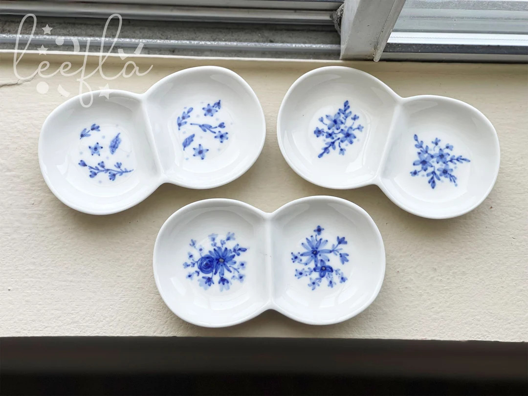divided ceramic serving plate, sauce bowl, double sectional, blue floral | Etsy (US)