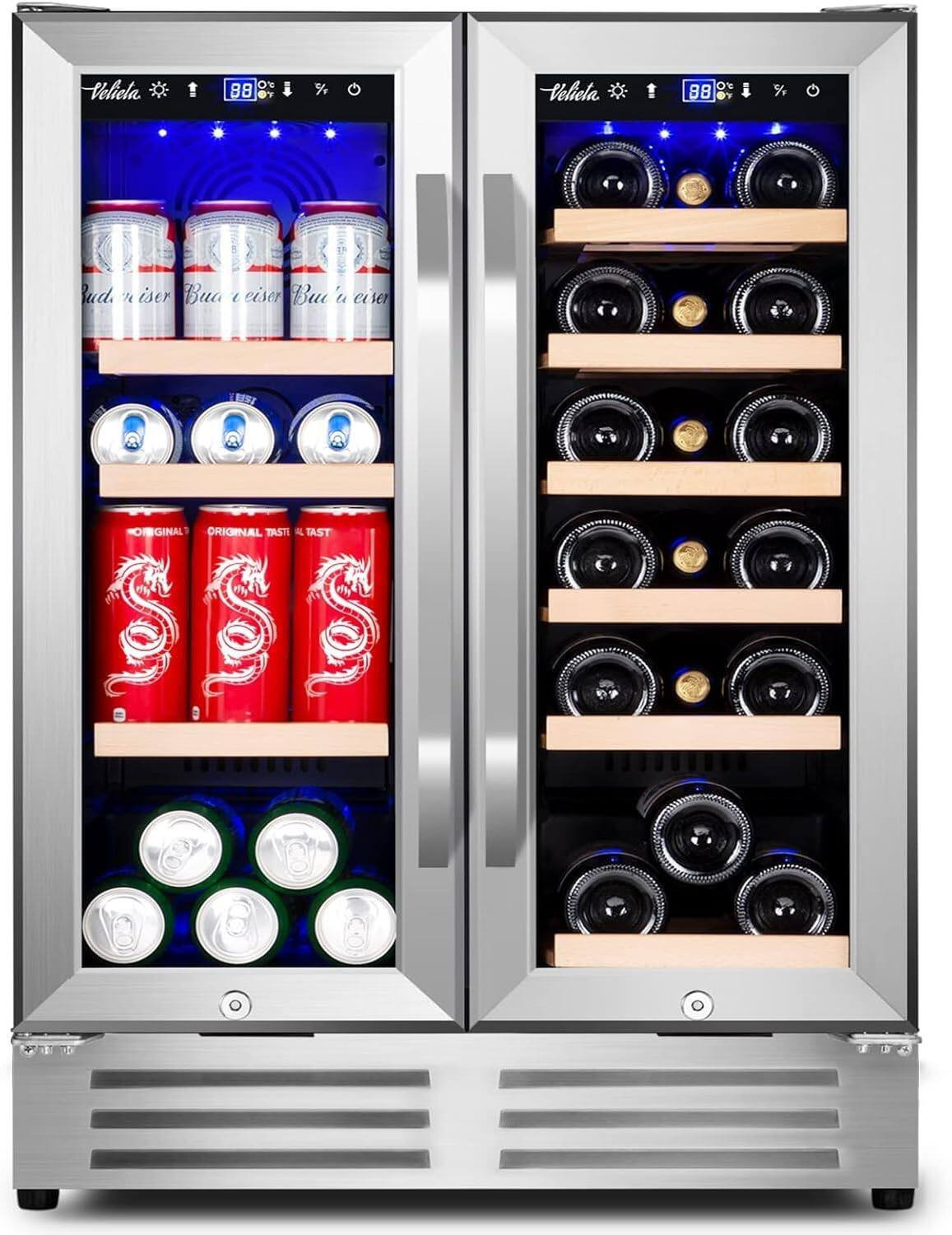 HOOURE - 24in. Dual Zone 18 Bottles and 88 Cans Capacity Wine and Beverage Fridge with Glass Door, Built-In Powerful Cool System - Stainless Steel | Best Buy U.S.