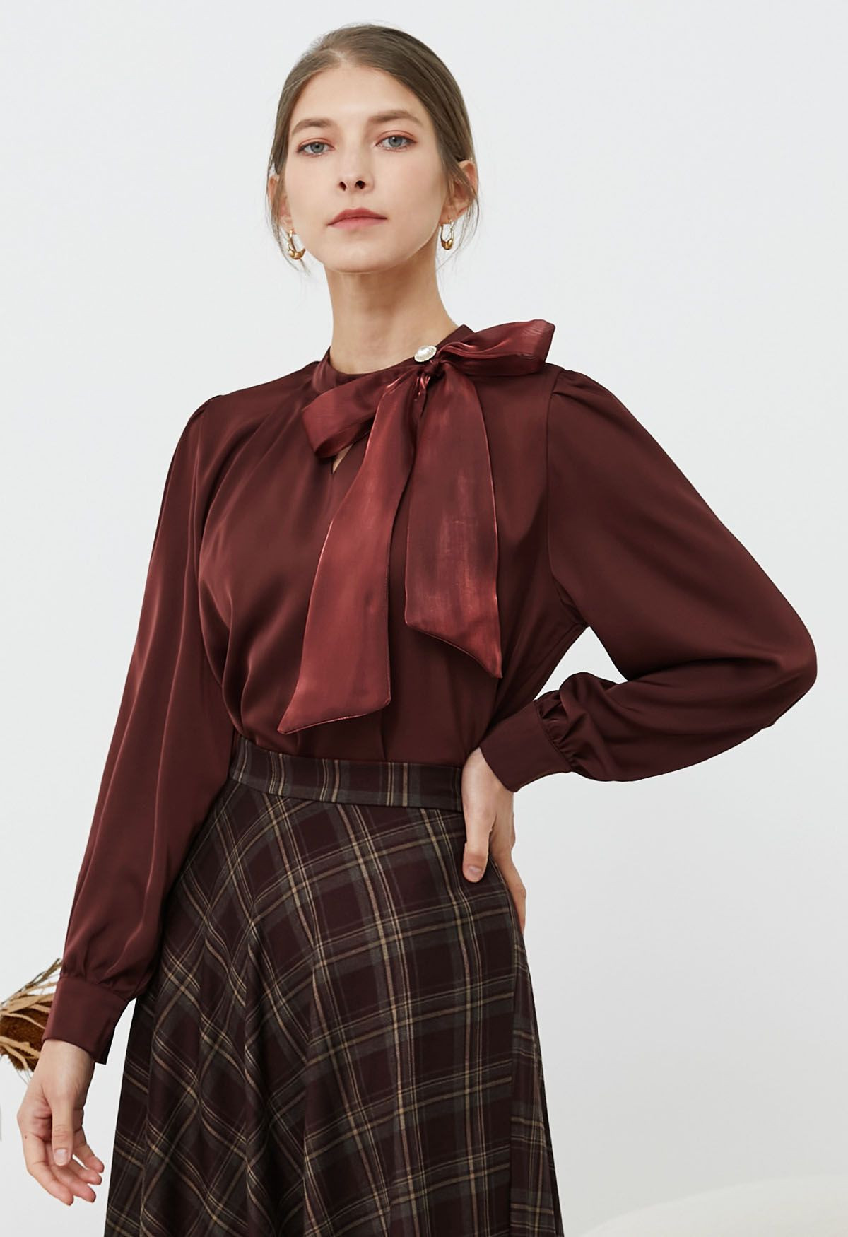 Pearly Organza Bowknot Satin Top in Burgundy | Chicwish