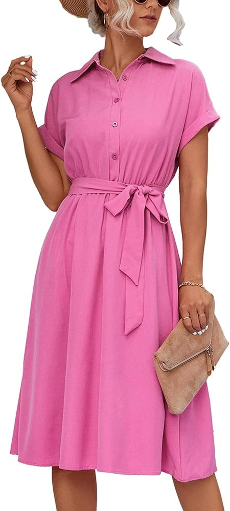 LYANER Women's Collar V Neck Button Front Tie Waist Short Sleeve Ruffle Hem Midi Dress | Amazon (US)