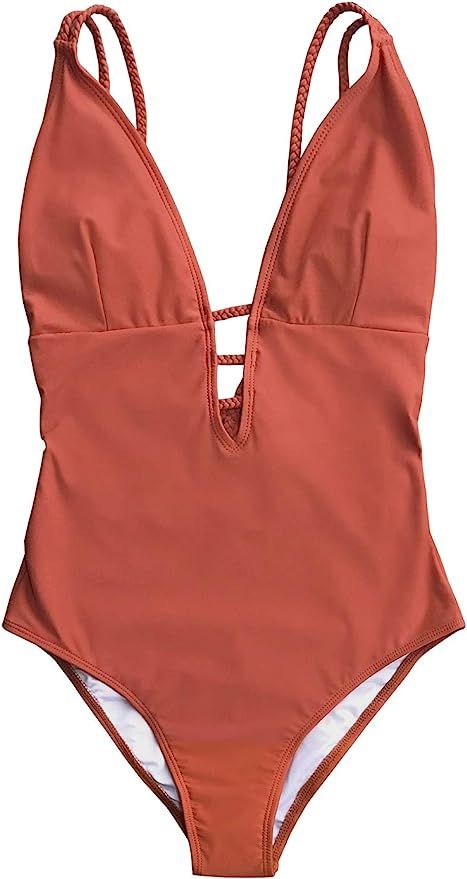 CUPSHE Women's Shirring Design V-Neck Low Back One Piece Swimsuit | Amazon (US)