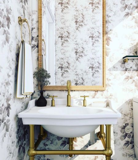 Classic Bathroom Style. Black and white wallpaper, brushed gold fixtures, and a beautiful traditional style to stand the test of time. 

#LTKhome
