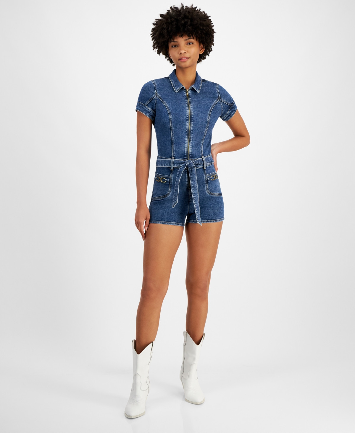 Guess Women's Deana Short-Sleeve Tie-Waist Denim Romper - Jenkins | Macy's