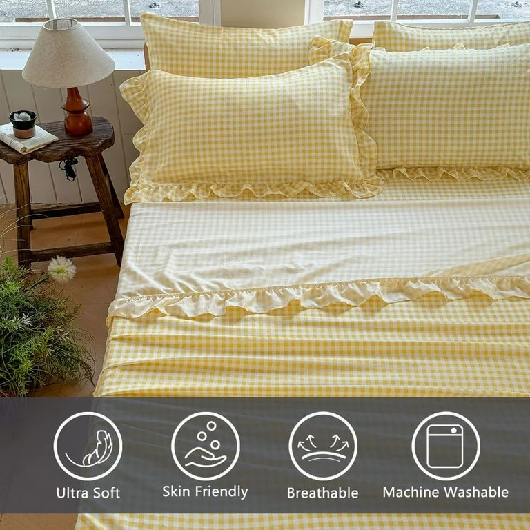 Yellow Gingham Ruffle Queen Sheet Set, Taupe Soft Pre-Washed Microfiber Plaid Ruffled Queen Bed S... | Walmart (US)