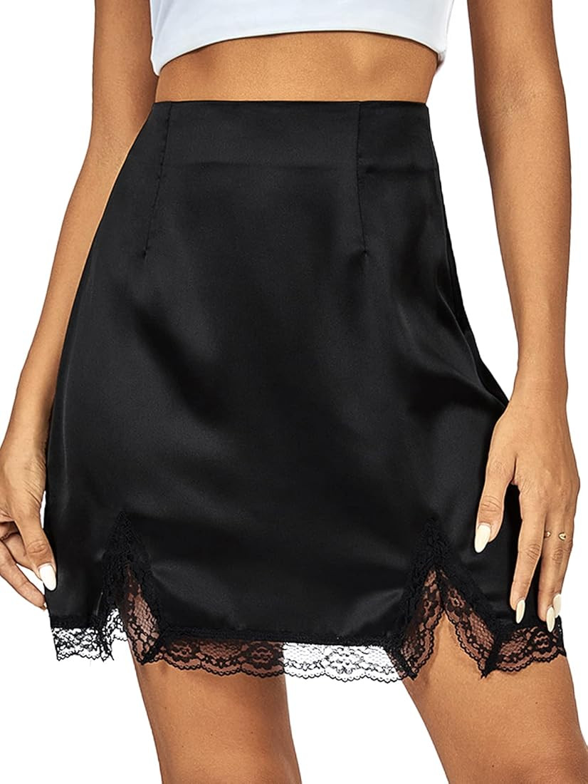 Vrtige Women's Satin Lace Trim High Waist Split Hem Bodycon Mini Short Skirt | Amazon (US)