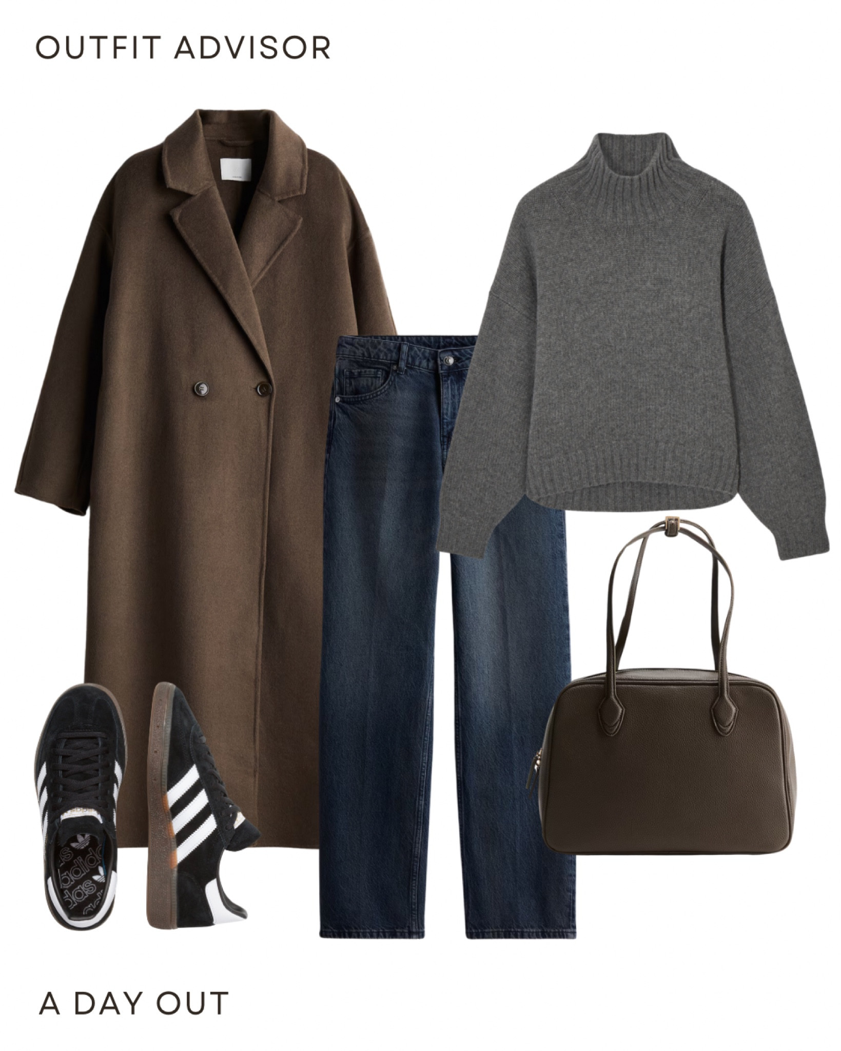 Casual autumn outfit inspo: a long dark brown coat, knit grey turtleneck, dark wash jeans, a brown bag and Adidas spezial sneakers 

#LTKworkwear #LTKstyletip #LTKautumn