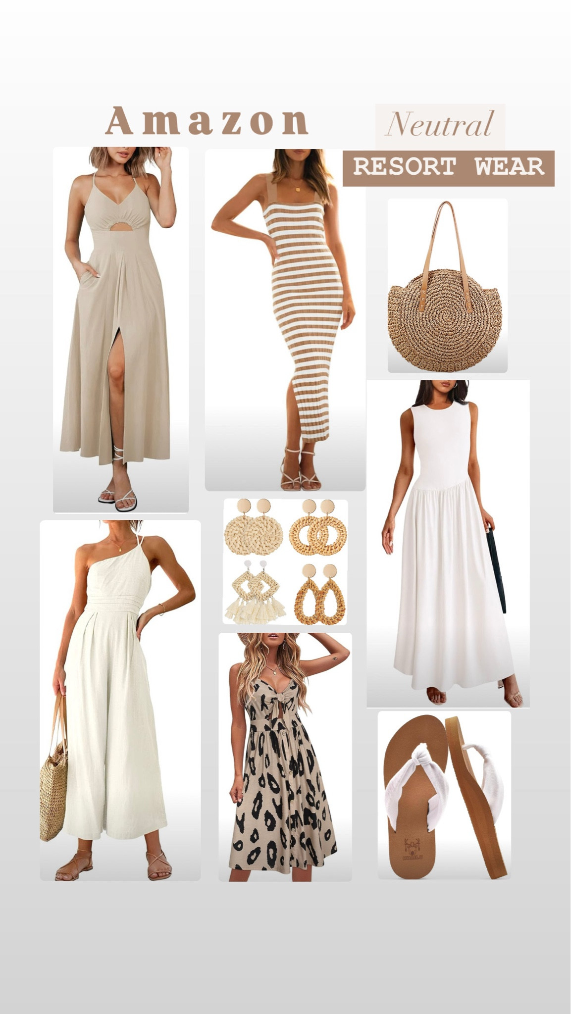 Resort wear from Amazon-Neutral vacation dresses, bags, earrings, sandals for your beach vacation. #resortcollection #resortwear #resortoutfit #vacationoutfit #vacationdress #springbreak 

#LTKTravel #LTKOver40 #LTKFindsUnder50