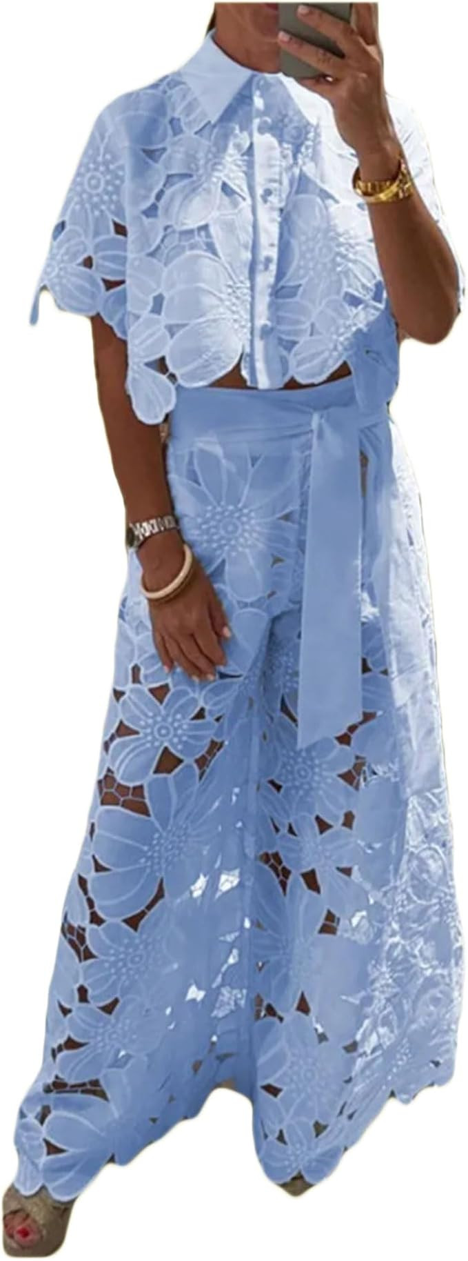 Shirt top two-piece set women solid color hollowed out wide leg pants | Amazon (US)