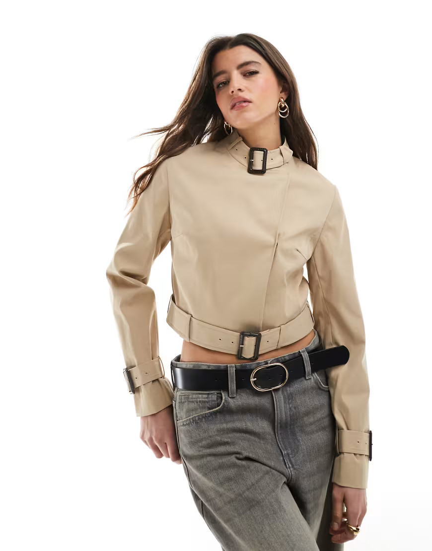 ASOS DESIGN cropped buckle belt trench coat in stone-Neutral | ASOS (Global)