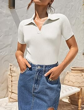 ZESICA Women's Short Sleeve V Neck T Shirts 2024 Summer Ribbed Knit Slim Fitted Basic Solid Color... | Amazon (US)