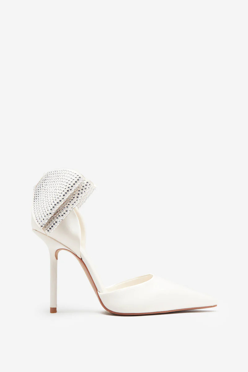 Flashing Lights | Ivory Satin Pointed Court Heels With Diamante Bows | Club L London