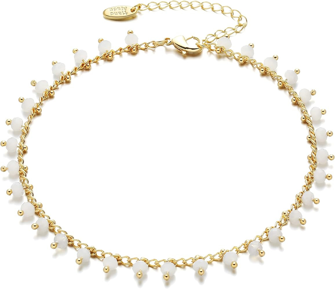 Gold Anklet for Women, Boho Crystal Chips Ankle Bracelet Handmade Natural Gemstone Foot Chain Summer Beach Foot Jewelry Adjustable | Amazon (US)