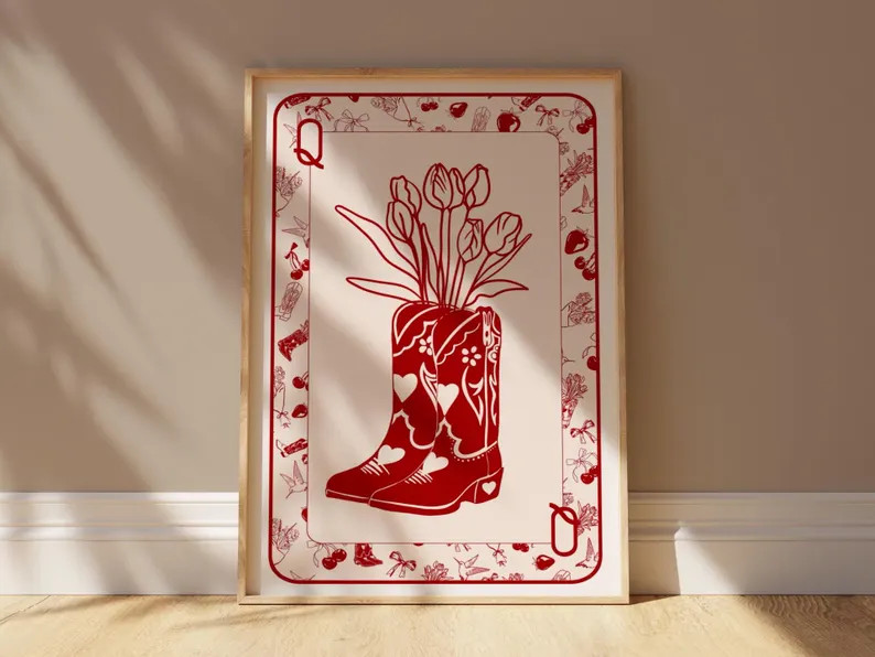 Queen of Hearts vintage Playing Card-inspired Digital Wall Art Cowgirl Flower Boots, Cherry Print... | Etsy (US)