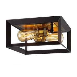 Home Decorators Collection Walden Forge 2-Light Black Frame Flush Mount Ceiling Light with Antiqu... | The Home Depot