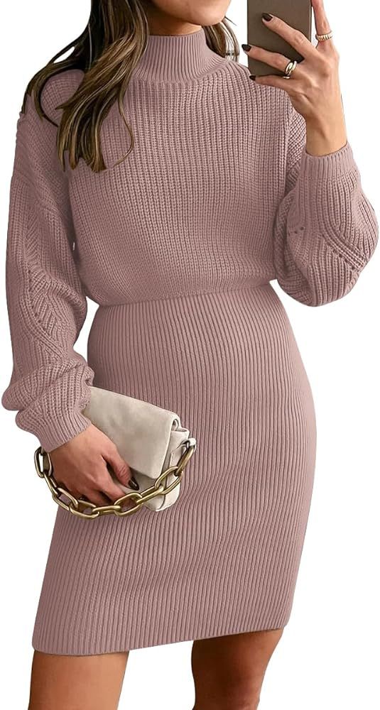 LILLUSORY Women's Mock Neck Trendy Lantern Sleeve 2023 Ribbed Knit Bodycon Pullover Sweater Dress | Amazon (US)