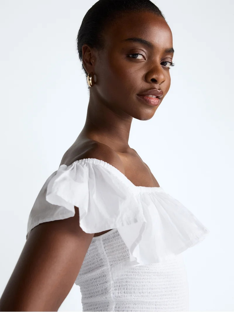 Scoop Women\u2019s and Women\u2019s Plus Off-the-Shoulder Smocked Ruffle Cotton Top, Sizes XS-4X | Walmart (US)